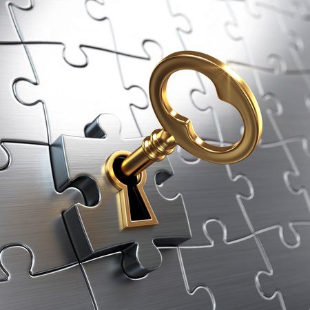 Goldener Schlüssel zum Aufheben eines glänzend grauen Puzzleteil-Lösungskonzepts
